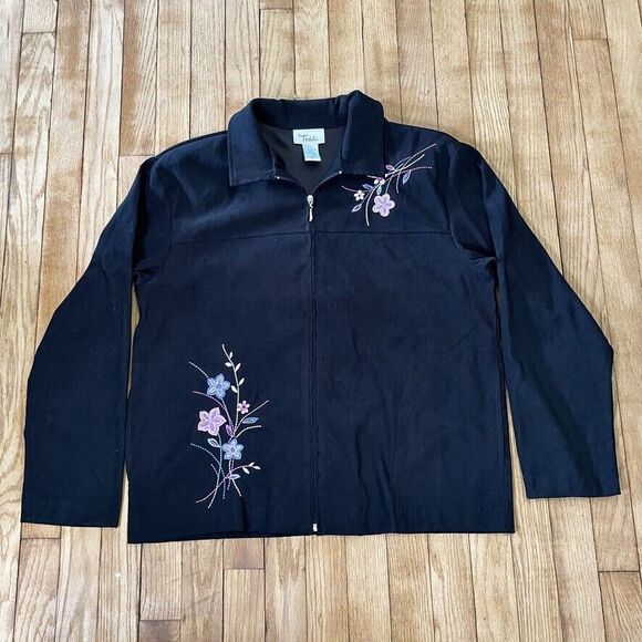 Teddi Womens 80's Vintage Black Floral Embroidered Full‎ Zip Jacket Size L - Picture 1 of 9